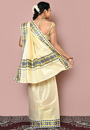 Woven Cotton Silk Settu Mundu South Indian Saree in Golden