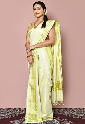 Woven Cotton Silk Settu Mundu South Indian Saree in Golden