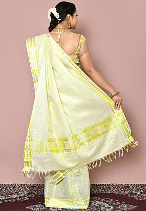 Woven Cotton Silk Settu Mundu South Indian Saree in Golden