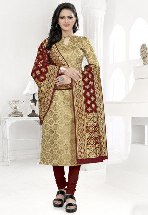 Woven Cotton Silk Straight Suit in Beige