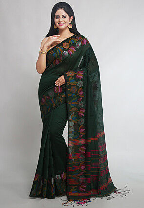 Woven Cotton Silk Tant Saree in Dark Green