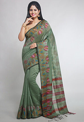 Woven Cotton Silk Tant Saree in Dusty Green
