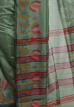 Woven Cotton Silk Tant Saree in Dusty Green