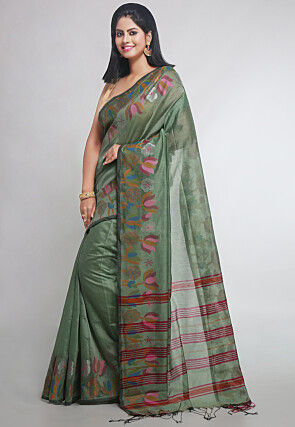 Woven Cotton Silk Tant Saree in Dusty Green