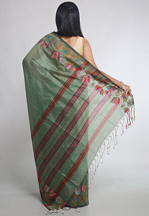 Woven Cotton Silk Tant Saree in Dusty Green