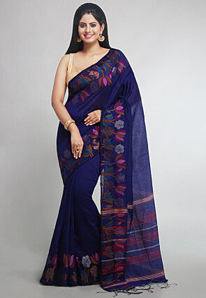 Woven Cotton Silk Tant Saree in Navy Blue