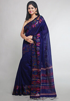Woven Cotton Silk Tant Saree in Navy Blue