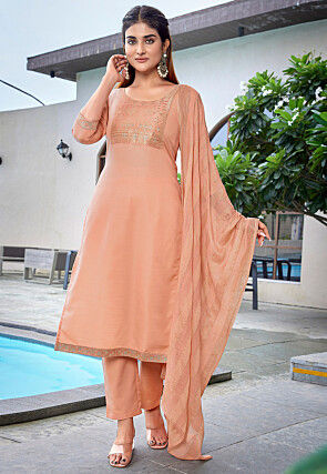 Woven Cotton Slub Pakistani Suit in Peach