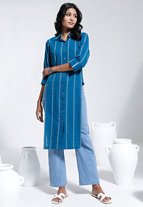 Woven Cotton Straight Kurta in Blue