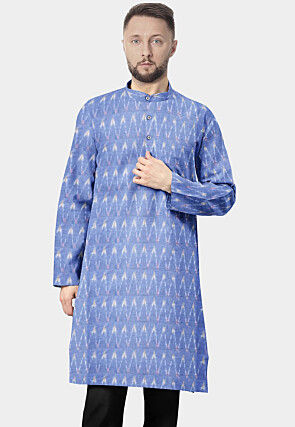Woven Cotton Straight Kurta in Light Blue