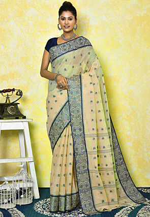 Woven Cotton Tant Saree in Beige