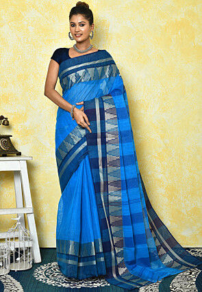 Woven Cotton Tant Saree in Blue