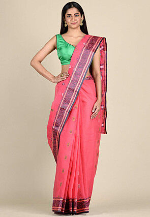 Woven Cotton Tant Saree in Coral Pink