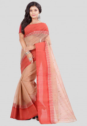 Woven Cotton Tant Saree in Light Beige
