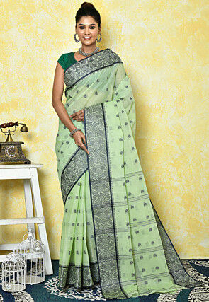 Woven Cotton Tant Saree in Light Green