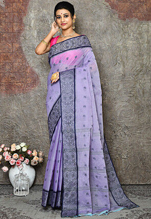 Woven Cotton Tant Saree in Light Purple