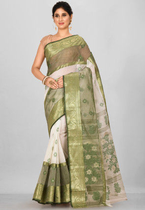Woven Cotton Tant Saree in Off White and Olive Green