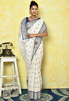 Woven Cotton Tant Saree in Off White