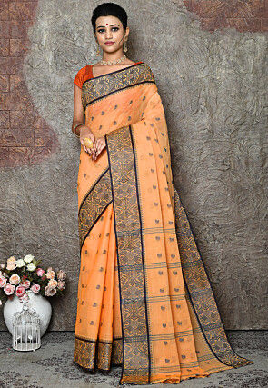 Woven Cotton Tant Saree in Orange