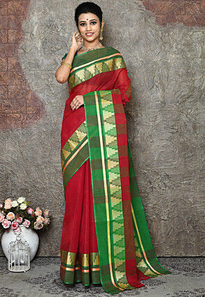 Woven Cotton Tant Saree in Red