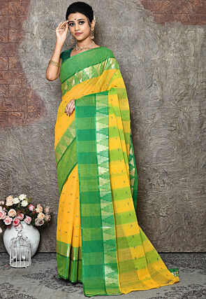 Woven Cotton Tant Saree in Yellow