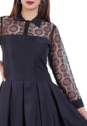 Woven Crepe Pleated Dress in Black