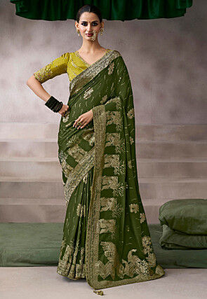 Woven Art Silk Saree in Dark Olive Green