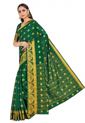Woven Crepe Silk Saree in Dark Green
