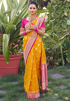 YELLOW COLOUR CREPE SILK READYMADE SAREE WITH EMBROIDERED BLOUSE EMBEL –  Kothari Sons