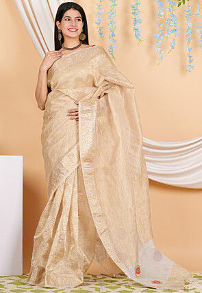 Woven Crush Tissue Jacquard Saree in Beige