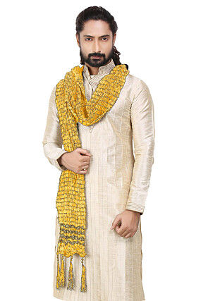 Woven Crushed Art Silk Men Stole in Yellow