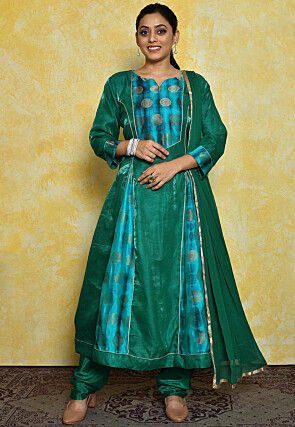 Woven Dupion Jacquard Silk Anarkali Suit in Teal Blue and Teal Green