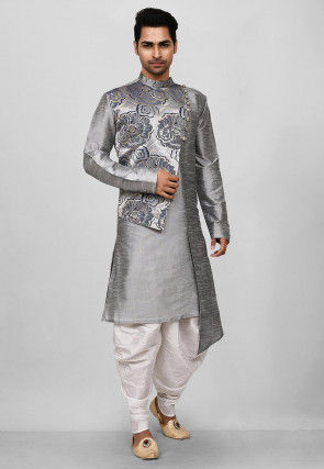 Woven Dupion Silk Asymmetric Dhoti Sherwani in Grey