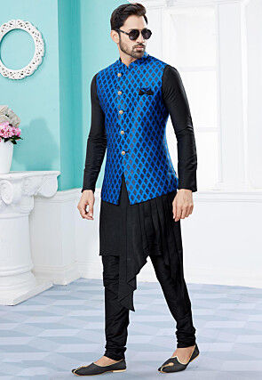 Woven Dupion Silk Asymmetric Kurta Jacket Set in Black and Blue