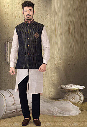 Woven Dupion Silk Asymmetric Kurta Jacket Set in Off White