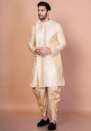 Woven Dupion Silk Dhoti Kurta in Beige