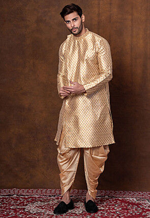 Woven Dupion Silk Dhoti Kurta in Light Beige