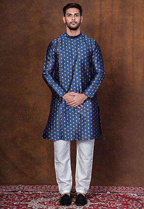 Woven Dupion Silk Dhoti Kurta in Navy Blue