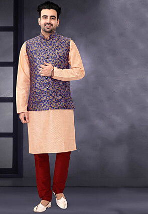 Navy Blue Banarasi Silk Jacket with Kurta And Pajama for men online India  SizeKurta 36 Color Navy Combination Options Kurta + Bottom + Jacket