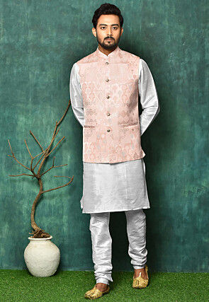 Woven Dupion Silk Jacket Kurta Set in White