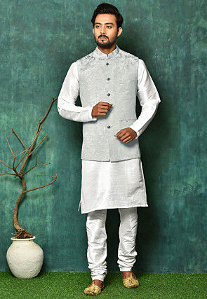 Woven Dupion Silk Jacket Kurta Set in White