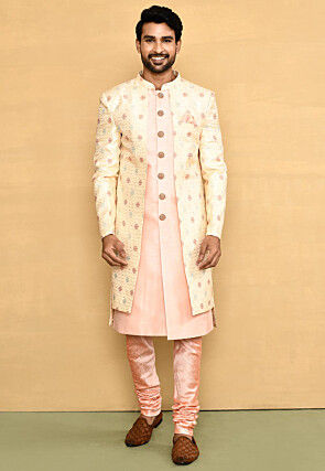 Woven Dupion Silk Jacket Style Sherwani in Pink and Beige