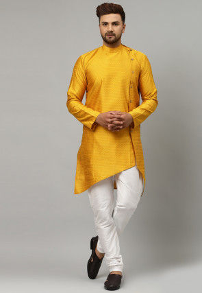 Woven Dupion Silk Jacquard Asymmetric Kurta Set in Mustard