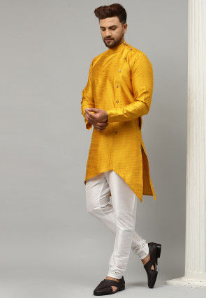 Woven Dupion Silk Jacquard Asymmetric Kurta Set in Mustard