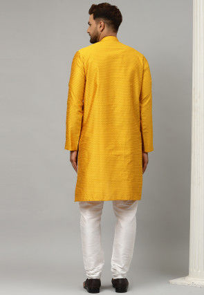 Woven Dupion Silk Jacquard Asymmetric Kurta Set in Mustard