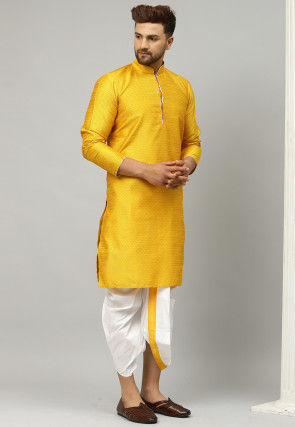 Woven Dupion Silk Jacquard Dhoti Kurta in Yellow