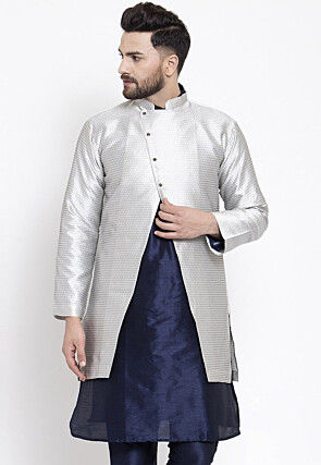 Woven Dupion Silk Jacquard Jacket in Light Grey