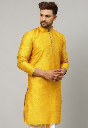 Woven Dupion Silk Jacquard Kurta in Yellow