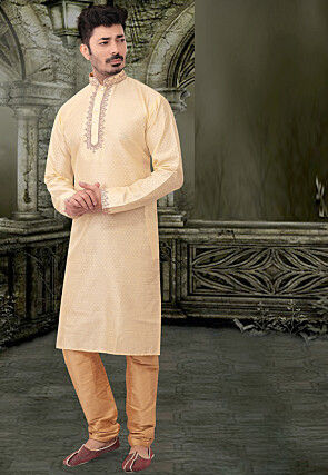 Woven Dupion Silk Jacquard Kurta Set in Fawn
