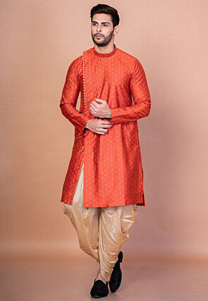 Woven Dupion Silk Jacquard Kurta Set in Orange